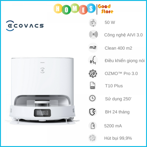 Robot Hút Bụi Lau Nhà ECOVACS Deebot T10 Plus Tự Động Hút Rác, Kết Nối App, Làm Mát Không Khí Khử Mùi, Trợ Lý Ảo YIKO, Công nghệ OMO 3.0, Lực Hút 3000 Pa, Phù Hợp Diện Tích 200m2, Công Suất 50W - Hàng Chính Hãng