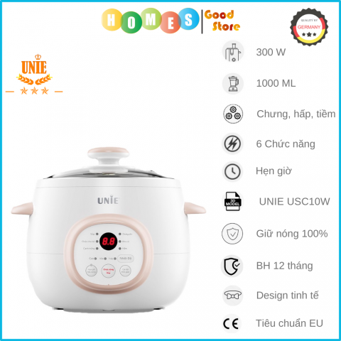 Nồi Chưng Yến, Nồi Nấu Cháo Chậm UNIE USC10W Sử Dụng Tiếng Việt Có Thể Kho Cá Thịt, Tiềm Thuốc Bắc Dung Tích 1 Lít Công Suất 300 W - Hàng Chính Hãng