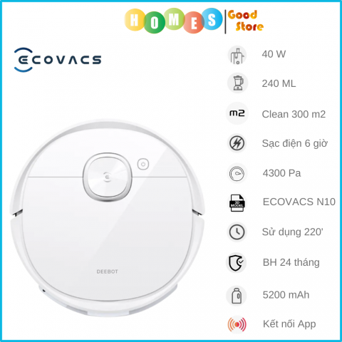 Robot Hút Bụi Lau Nhà ECOVACS Deebot N10 - Bản Quốc Tế Kết Nối App Điều Chỉnh Chế Độ Nước Sạch 4 Cấp Sử Dụng Công nghệ OZMO 2.0 Lực Hút 4300 Pa, Phù Hợp Diện Tích 300m2, Công Suất 40W - Hàng Chính Hãng