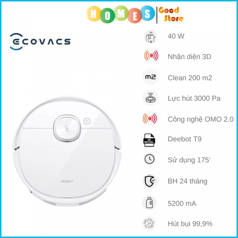 Robot Hút Bụi Lau Nhà ECOVACS Deebot T9 Kết Nối App Khử Mùi Thanh Lọc Làm Thơm Không Khí Sử Dụng Công nghệ OZMO 2.0, Lực Hút 3000 Pa, Phù Hợp Diện Tích 200m2 Công Suất 40 W - Hàng Chính Hãng