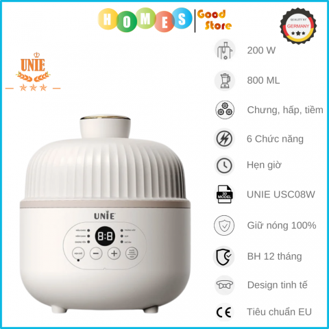 Nồi Nấu Chậm, Nồi Chưng Yến, Nồi Tiềm Unie USC08W Phong Cách Cổ Điển Sang Trọng, Chống Trào Chống Cháy Dung Tích 0.8 Lít Công Suất 200 W - Hàng Chính Hãng