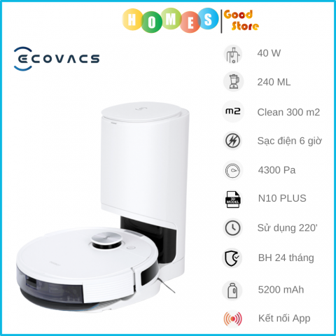 Robot Hút Bụi Lau Nhà ECOVACS Deebot N10 Plus- Bản Quốc Tế Kết Nối App Điều Chỉnh Chế Độ Nước Sạch 4 Cấp Sử Dụng Công nghệ OZMO 2.0 Lực Hút 4300 Pa, Phù Hợp Diện Tích 300m2, Công Suất 40W - Hàng Chính Hãng